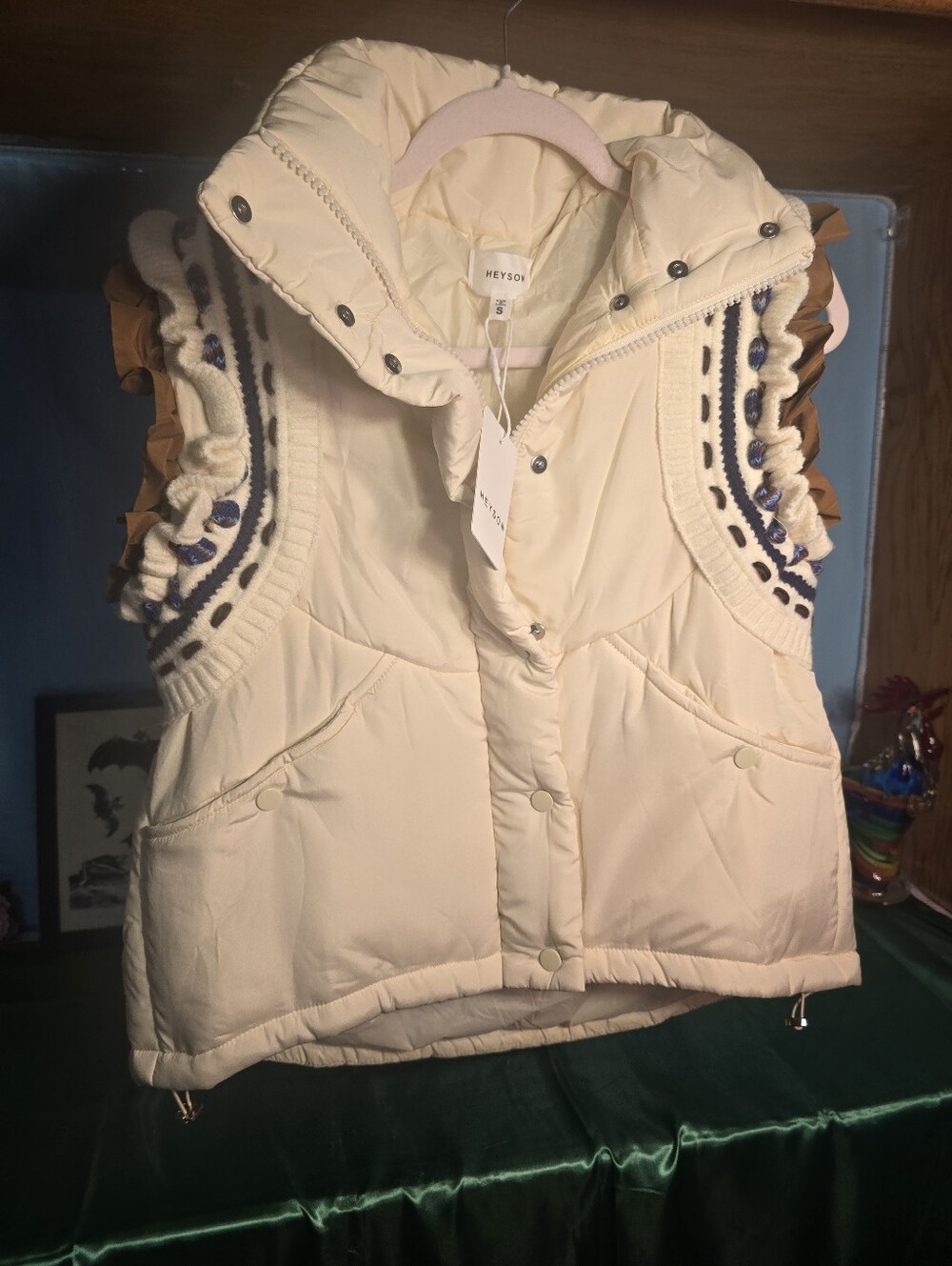 Heyson Cream Quilted Hooded Puffer Vest with Embroidered Trim